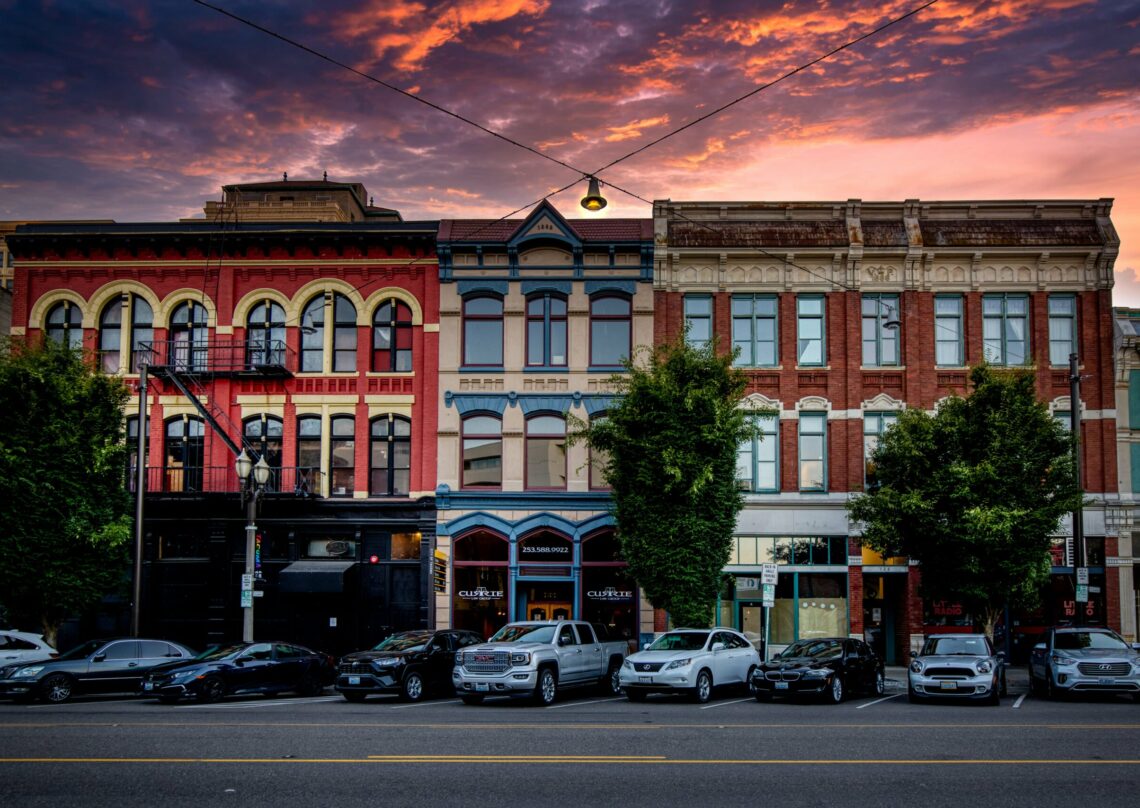 historic buildings at sunset in downtown tacoma wa