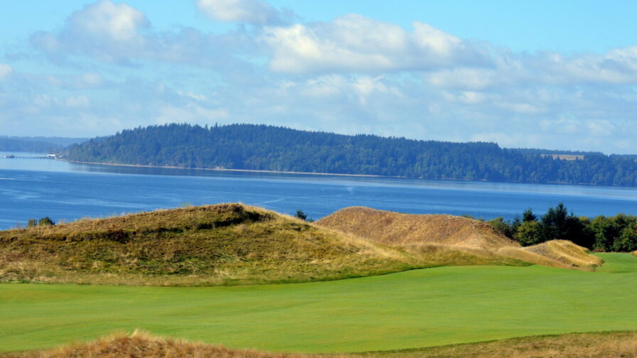 A photo of the golf course Chambers Bay in University Place in Pierce County, WA. Overlooking the Puget Sound.