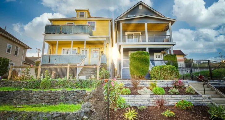 Sun shining between two historic homes in Tacoma WA