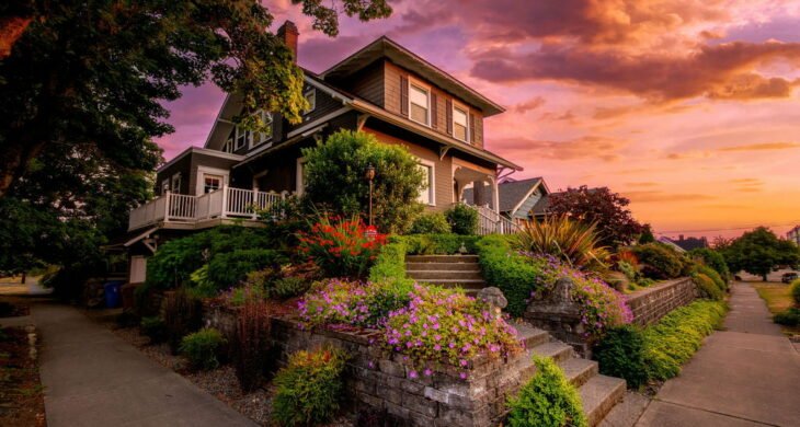 a home in North Tacoma's proctor neighborhood up on a hill at sunset
