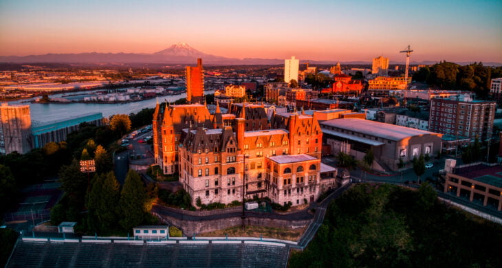 stadium district of tacoma from above at sunset