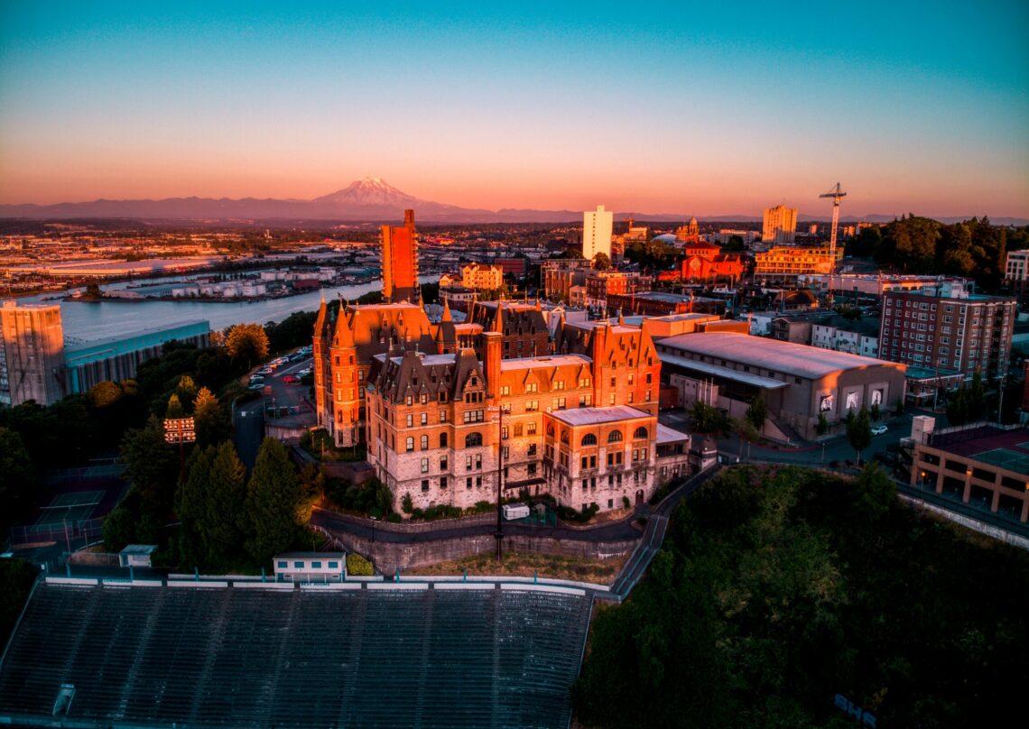 stadium district of tacoma from above at sunset