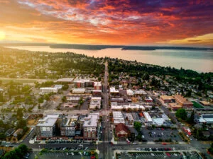 a photo of North Tacoma from the air at sunset from MovetoTacoma.com