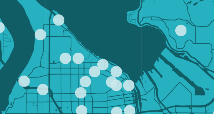 A map of North Tacoma Neighborhoods in shades of teal with dots on all the neighborhods.