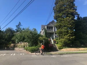 a cyclist in tacomas three bridges neighborhood