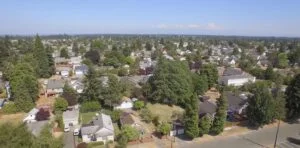 South Tacoma viewed from above with Mt Rainier in the distance.