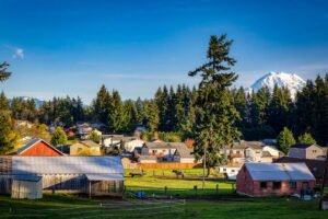 a neighborhood of homes in graham, wa with mt rainier in the background. The homes are in the middle of open fields.
