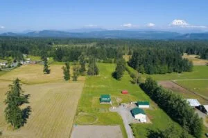 homes on large properties with mt rainier in the distance photographed from above