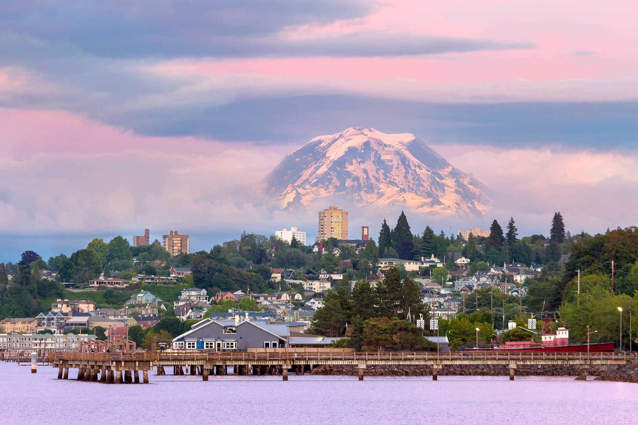 Mount Rainier over Tacoma WA waterfront during alpenglow sunset evening