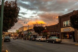 Downtown Sumner WA businesses on Main Street at sunset