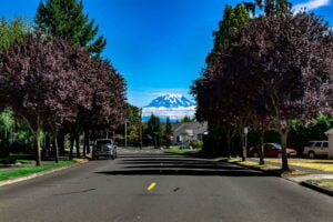 Mt Rainier on a cloudless day viewed from a street in Sumner, WA