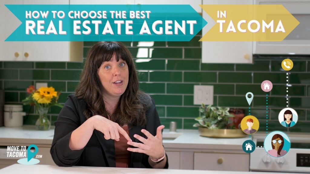 Tacoma real estate agent marguerite martin sits in a kitchen with green tiles and white cabinets. The words say "How to choose the best real estate agent in Tacoma"