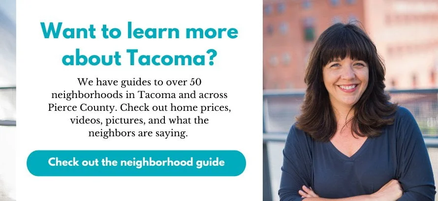 Tacoma real estate agent Marguerite Martin smiling with her arms crossed. Text over photo reads: Want to learn more about Tacoma? We have guides to over 50 neighborhoods in Tacoma and across Pierce County. Check out home prices, videos, pictures, and what the neighbors are saying. Click here to check out the neighborhood guide.