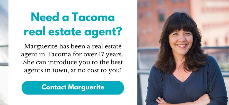 Tacoma real estate agent Marguerite Martin smiling with her arms crossed. Text over photo reads: Need a Tacoma real estate agent? Marguerite has been a real estate agent in Tacoma for over 17 years. She can introduce you to the best agents in town, at no cost to you! Click here to contact Marguerite.
