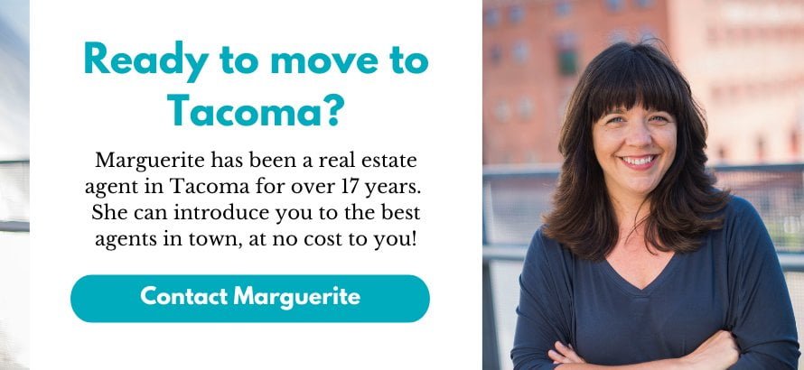 Tacoma real estate agent Marguerite Martin smiling with her arms crossed. Text over photo reads: Ready to move to Tacoma?? Marguerite has been a real estate agent in Tacoma for over 17 years. She can introduce you to the best agents in town, at no cost to you! Click here to contact Marguerite.