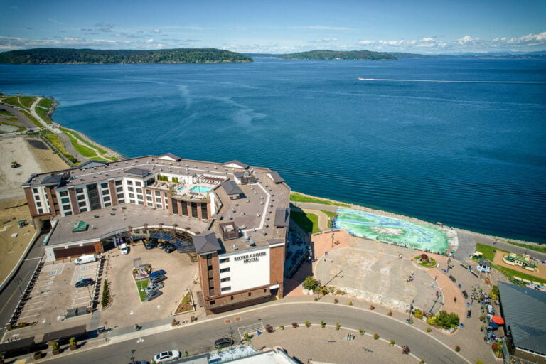 silver cloud hotel and point ruston waterfront viewed from the air