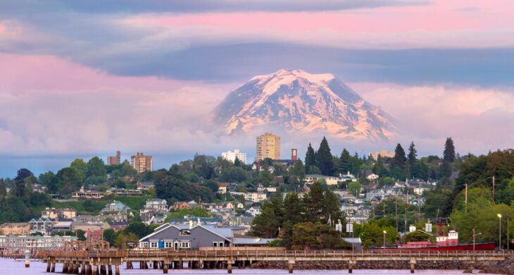 mt rainier viewed from ruston way in tacoma, washington