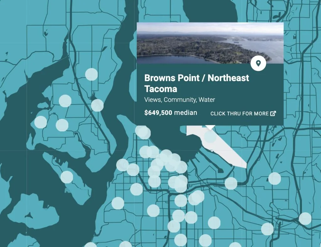 An illustration of a map of Tacoma with the area of Browns Point / Northeast Tacoma highlighted in the upper right corner.