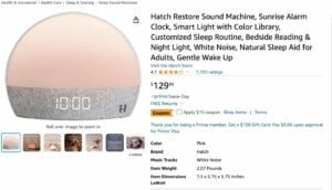 A screen shot of the Hatch Lamp on Amazon which also has a digital clock display