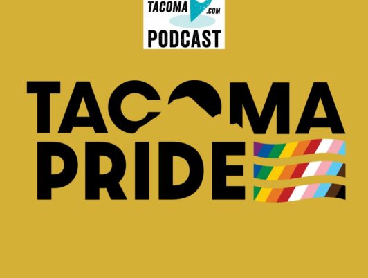 Move to Tacoma Podcast Logo and the Tacoma Pride 2023 logo with pride flag
