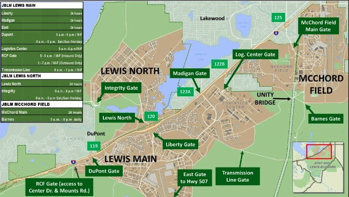 A map of JBLM (joint base lewis mcchord) showing neighborhoods and gates around the base.