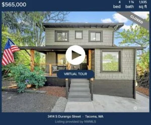 A Photo of 3414 S Durango St Tacoma, WA 98409 a two story home painted muted sage with dark trim and a front porch with steps in the south tacoma neighborhood that sold for $565,000.