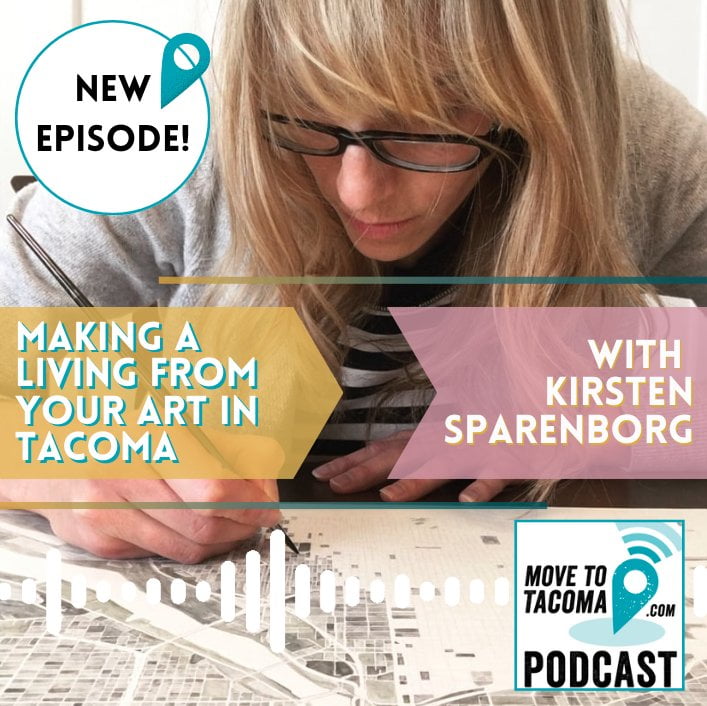 A blond woman in glasses drawing a map with the words "Making a living from your art in Tacoma with Kirsten Sparenborg"