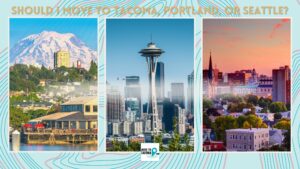 Text says "should i move to Tacoma, Seattle, or Portland? with images of each city's skyline.
