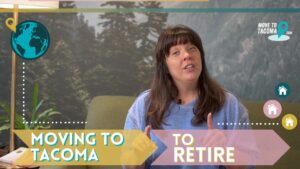 Photo of Tacoma real estate agent marguerite martin in a blue sweater with the words moving to tacoma to retire and graphics of houses and a globe