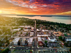 A photo of the sun setting over North Tacoma in Tacoma, Washington