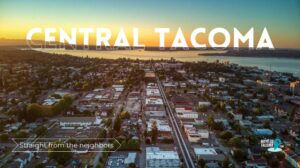 A photo from the air of the central tacoma neighborhood with the text "Central Tacoma straight from the neighbors"