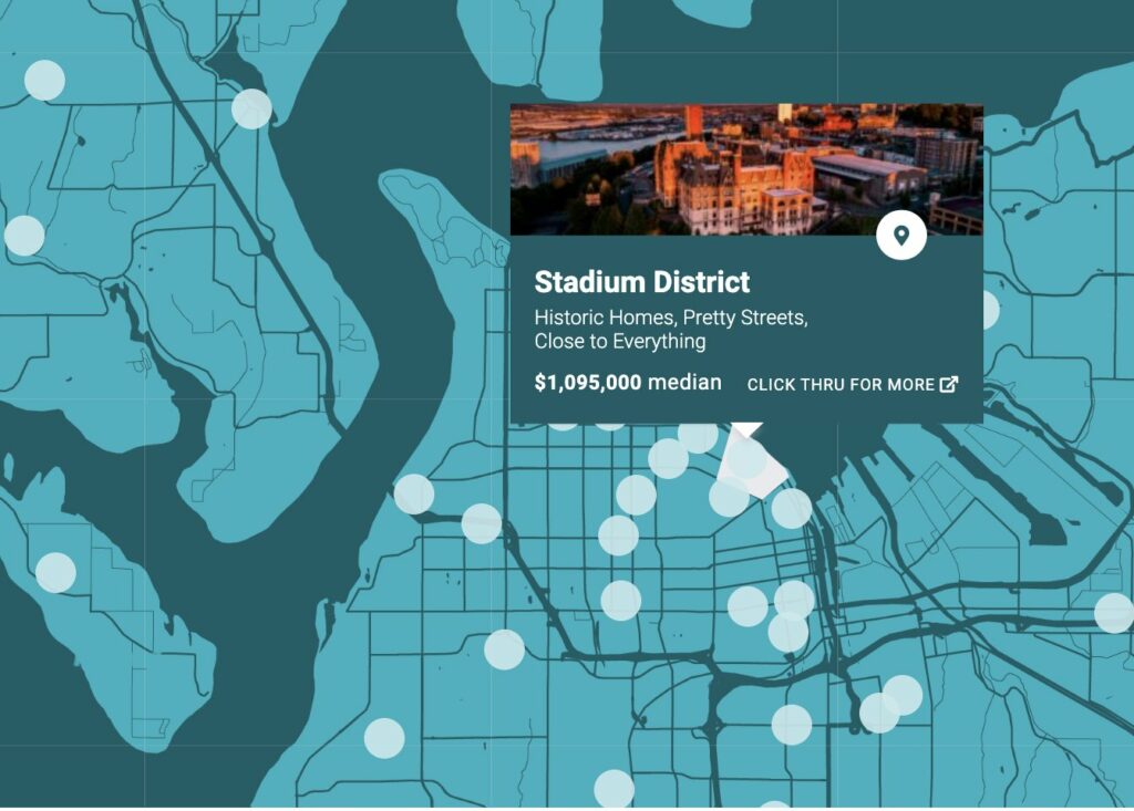 Map of Tacoma with the Stadium District Neighborhood highlighted. The text shows the current median home price of stadium..