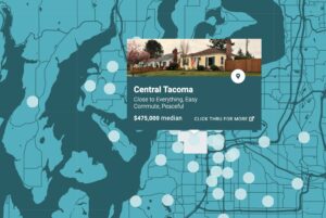 A neighborhood map of Tacpma with Central Tacoma highlighted featuring the median home price of $475,000