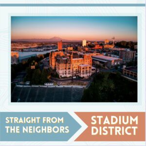 Picture of Stadium High SChool with the text "straight from the neighbors, stadium district"