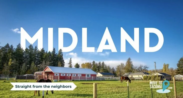 A photo of a horse and a. barn inn the Midland area of Tacoma Washington with the word MIDLAND written large in white.