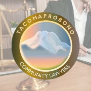 A logo with the words Tacoma Pro Bono Community Lawyer with the mountain in the background over an image of a lawyer