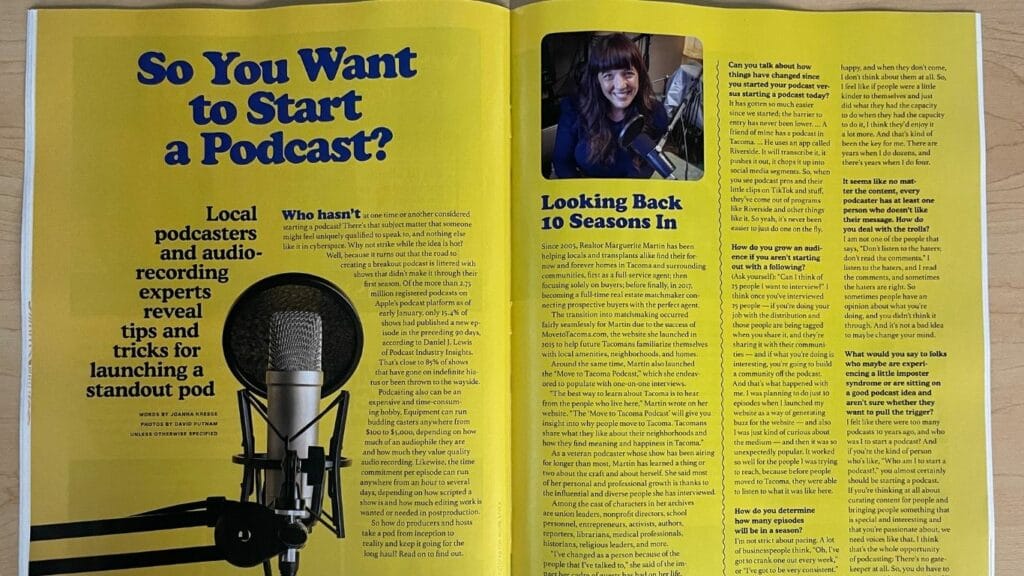 An image of south sound business magazine's article "So you want to Start a Podcast?" with a microphone and a picture of Tacoma real estate agent and Move to Tacoma Podcast Host Marguerite Martin