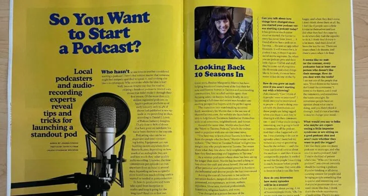 An image of south sound business magazine's article "So you want to Start a Podcast?" with a microphone and a picture of Tacoma real estate agent and Move to Tacoma Podcast Host Marguerite Martin
