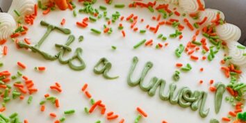 A white cake with sprinkles has 