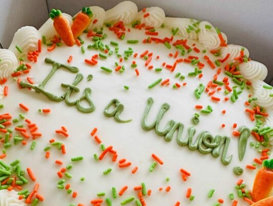 A white cake with sprinkles has 