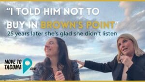 two women sit on a bench at the beach in browns point. The text says "I told him not to buy in browns point" below that "25 years later she's glad he didn't listen"