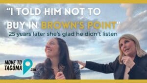 two women sit on a bench at the beach in browns point. The text says "I told him not to buy in browns point" below that "25 years later she's glad he didn't listen"