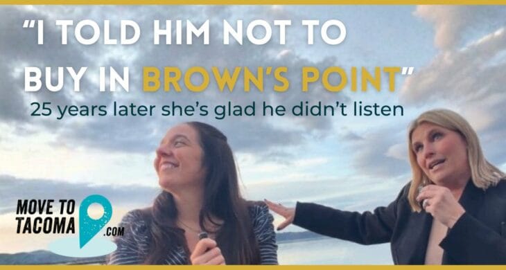 two women sit on a bench at the beach in browns point. The text says "I told him not to buy in browns point" below that "25 years later she's glad he didn't listen"
