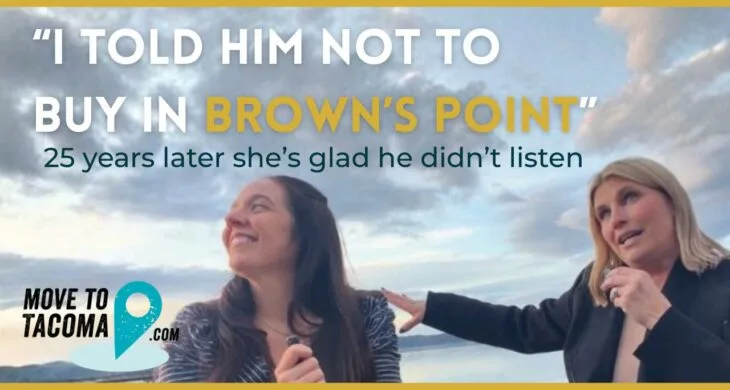 two women sit on a bench at the beach in browns point. The text says "I told him not to buy in browns point" below that "25 years later she's glad he didn't listen"