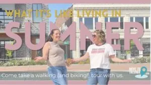 The words "What's it like living in Downtown Sumner" with Marguerite Martin and Kylee Hill standing in Downtown Sumner with their arms outstretched.