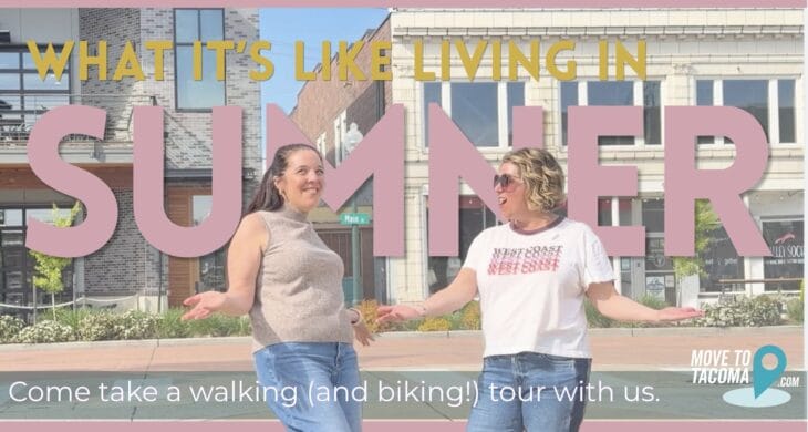 The words "What's it like living in Downtown Sumner" with Marguerite Martin and Kylee Hill standing in Downtown Sumner with their arms outstretched.